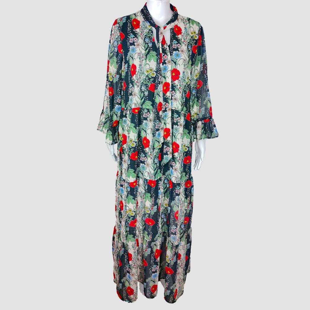 No Frills Los Angeles Floral Multicolor Long Sleeve Maxi Ruffle Flowy Dress